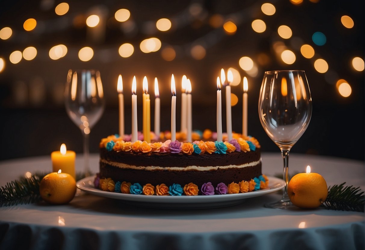 A table set with colorful decorations, a cake with 74 candles, and a group of friends and family gathered around, smiling and laughing