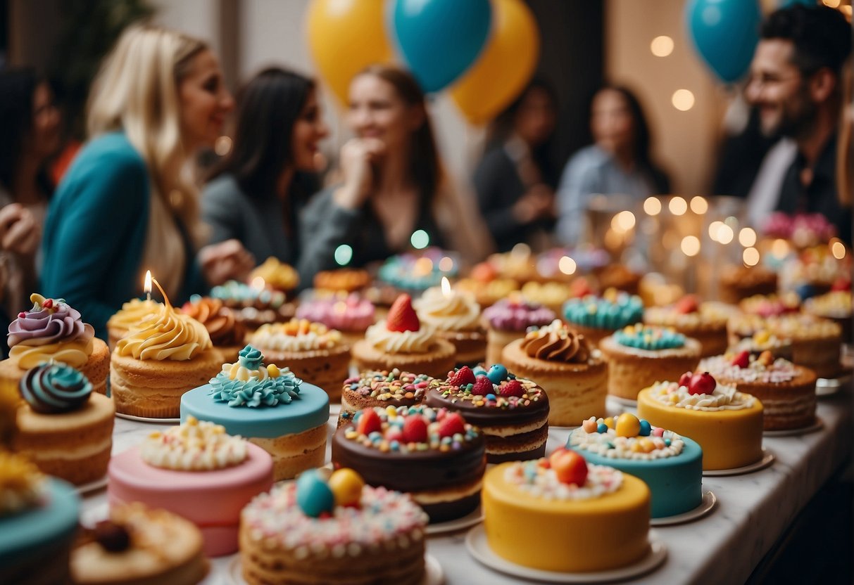 A table filled with colorful birthday cakes, surrounded by smiling guests and festive decorations