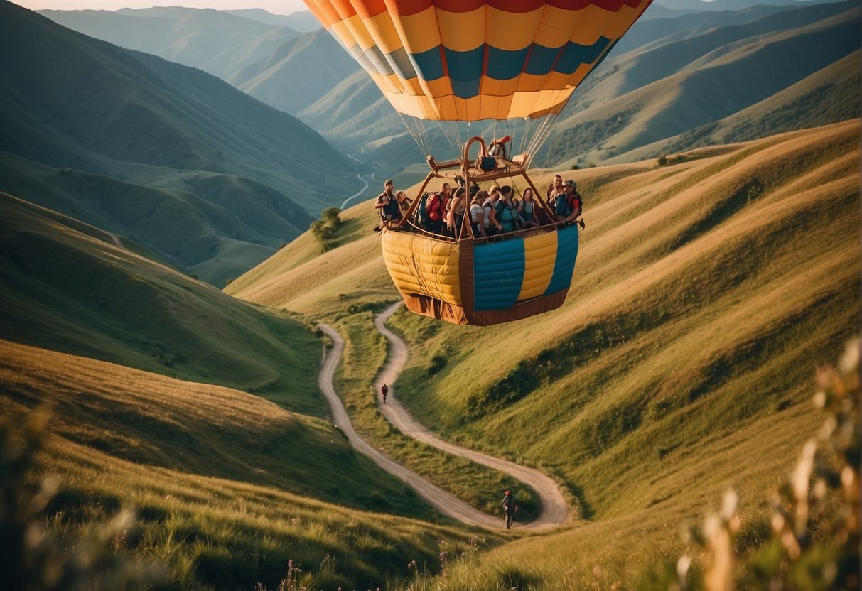 A colorful hot air balloon floats over a picturesque landscape, as a group of hikers traverse a winding mountain trail