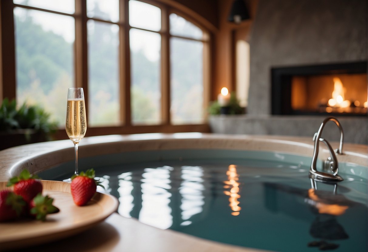 A serene spa with a hot tub, massage table, and soft lighting. A table set with champagne and strawberries. A cozy reading nook with plush chairs and a fireplace