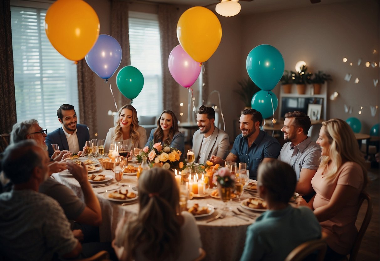 A lively birthday party with colorful decorations, balloons, and a festive atmosphere. Guests are playing games, laughing, and enjoying music and entertainment