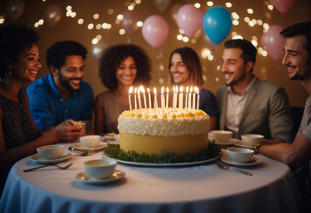 Guests gather around a festive table with balloons and a large birthday cake. A band plays lively music as the birthday honoree blows out candles