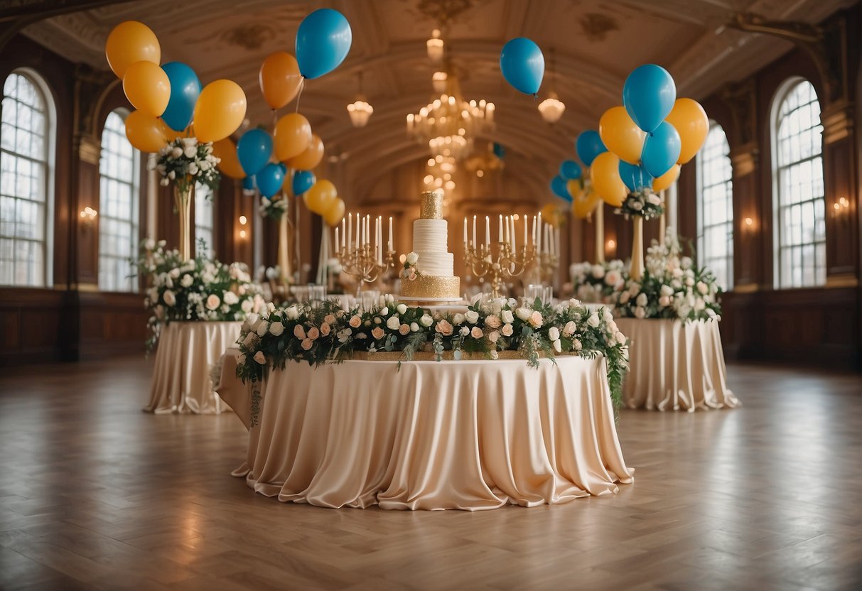 Decorating a grand hall with banners, balloons, and a large "75" cake. Tables set with elegant centerpieces and a stage for speeches and performances