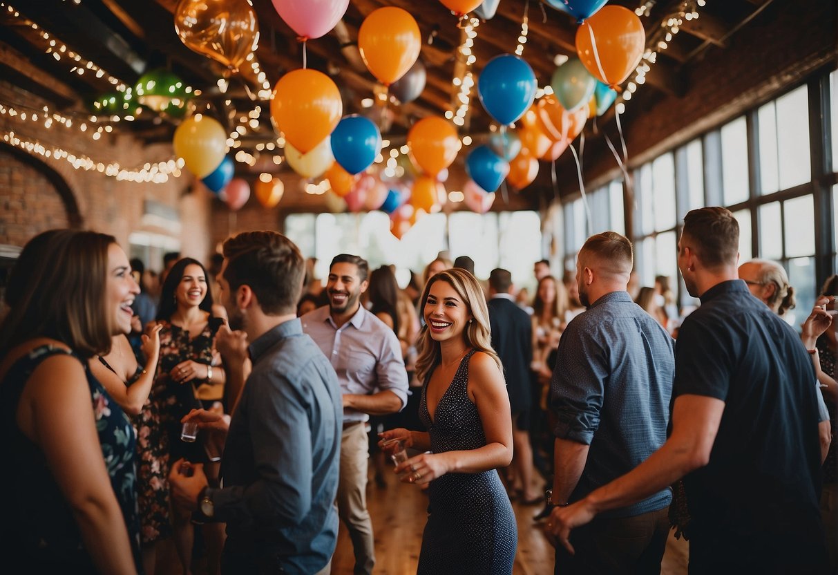 Guests mingling, laughing, and enjoying activities like live music, dancing, and a photo booth. Decorations include balloons, streamers, and a personalized banner