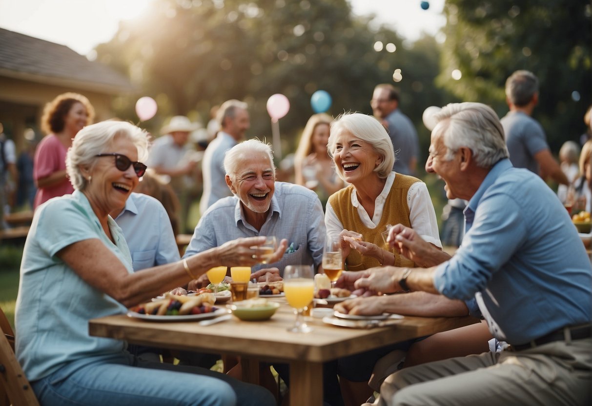 A group of people of various ages enjoying outdoor games and activities at a 75th birthday party. Laughter and smiles fill the air as everyone participates in the fun