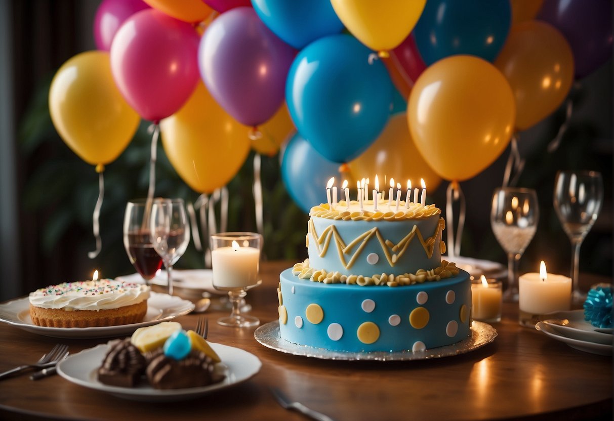 A festive table set with balloons, confetti, and a large "75" centerpiece. A cake with candles and a "Happy 75th Birthday" banner. Gifts and well-wishes surround the table