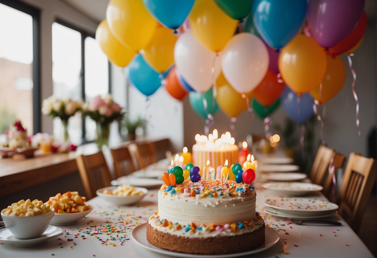 A table adorned with colorful decorations, surrounded by friends and family. Balloons and confetti fill the room, while a birthday cake with 76 candles sits in the center. Gifts are piled high, and laughter fills the air