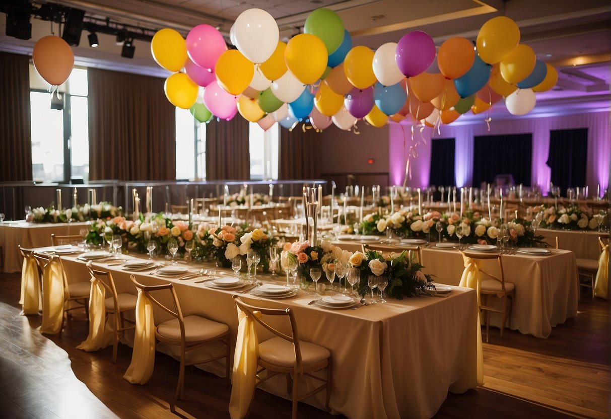 Guests decorate a spacious venue with banners, balloons, and a large "76" sign. Tables are adorned with centerpieces and party favors. A live band sets up on stage while caterers prepare a buffet