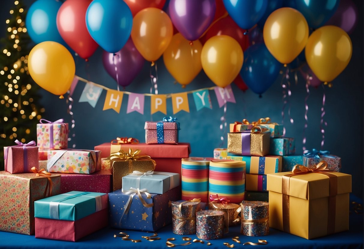 A table overflowing with subscription boxes, gift cards, and discount coupons. A banner with "Happy 76th Birthday" hangs above. Streamers and balloons add to the festive atmosphere