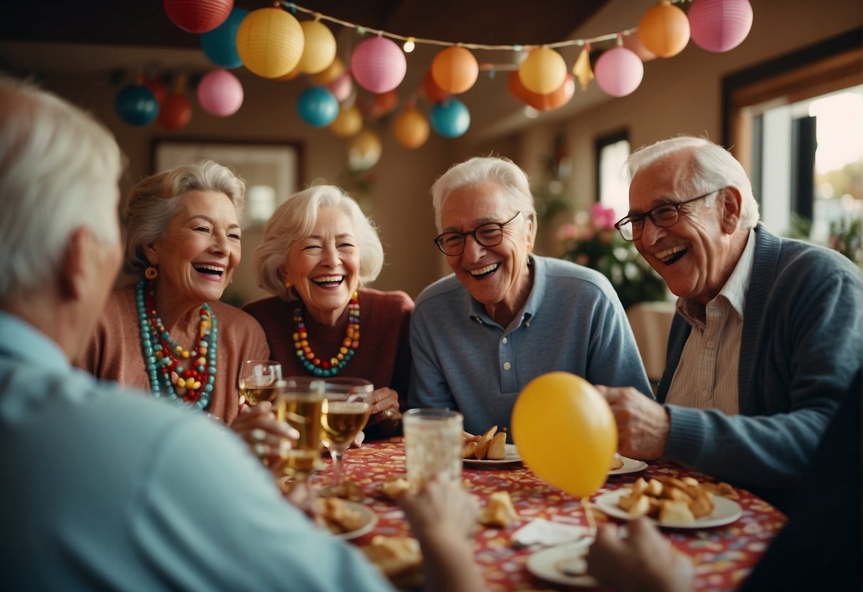 A group of seniors laugh and play games at a lively 76th birthday party, surrounded by colorful decorations and a festive atmosphere