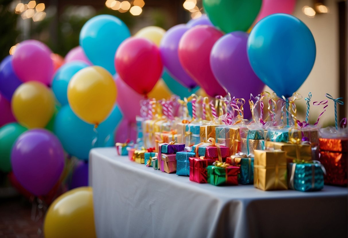 Colorful party favors and thank you gifts arranged on a table at a 76th birthday celebration. Balloons and streamers decorate the room, creating a festive atmosphere