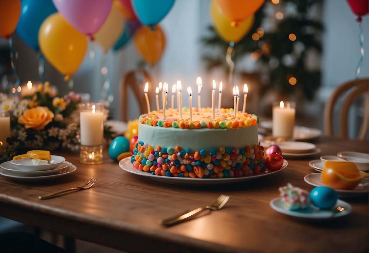 A table adorned with colorful decorations and a large birthday cake surrounded by smiling friends and family. Gifts and balloons add to the festive atmosphere