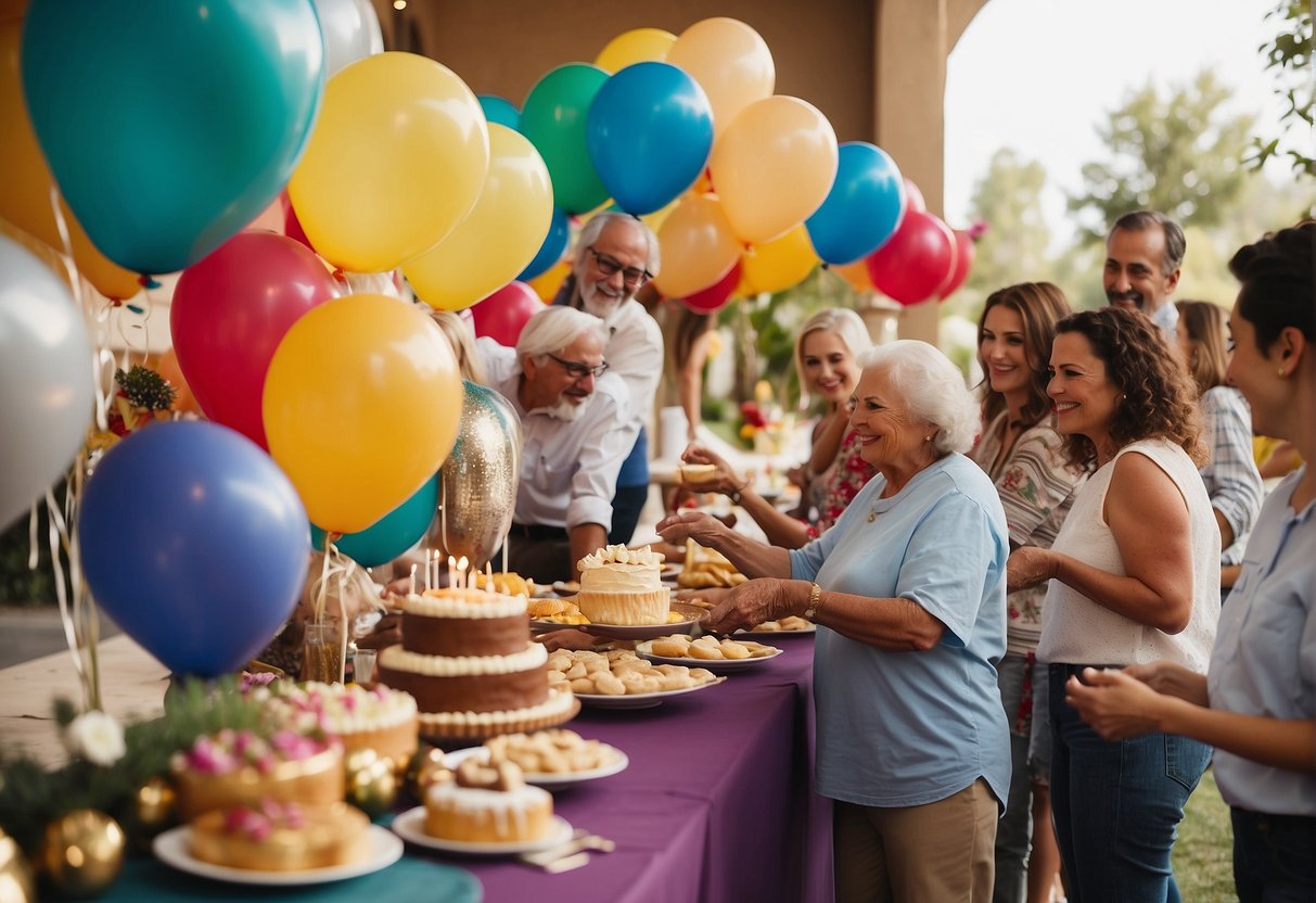 Guests arranging decorations, setting up tables, and preparing food for the 77th birthday party. Balloons, banners, and a large birthday cake add to the festive atmosphere