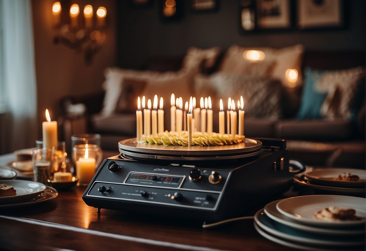 A festive table adorned with family photos, a cake with 77 candles, and a vintage record player playing the celebrant's favorite tunes