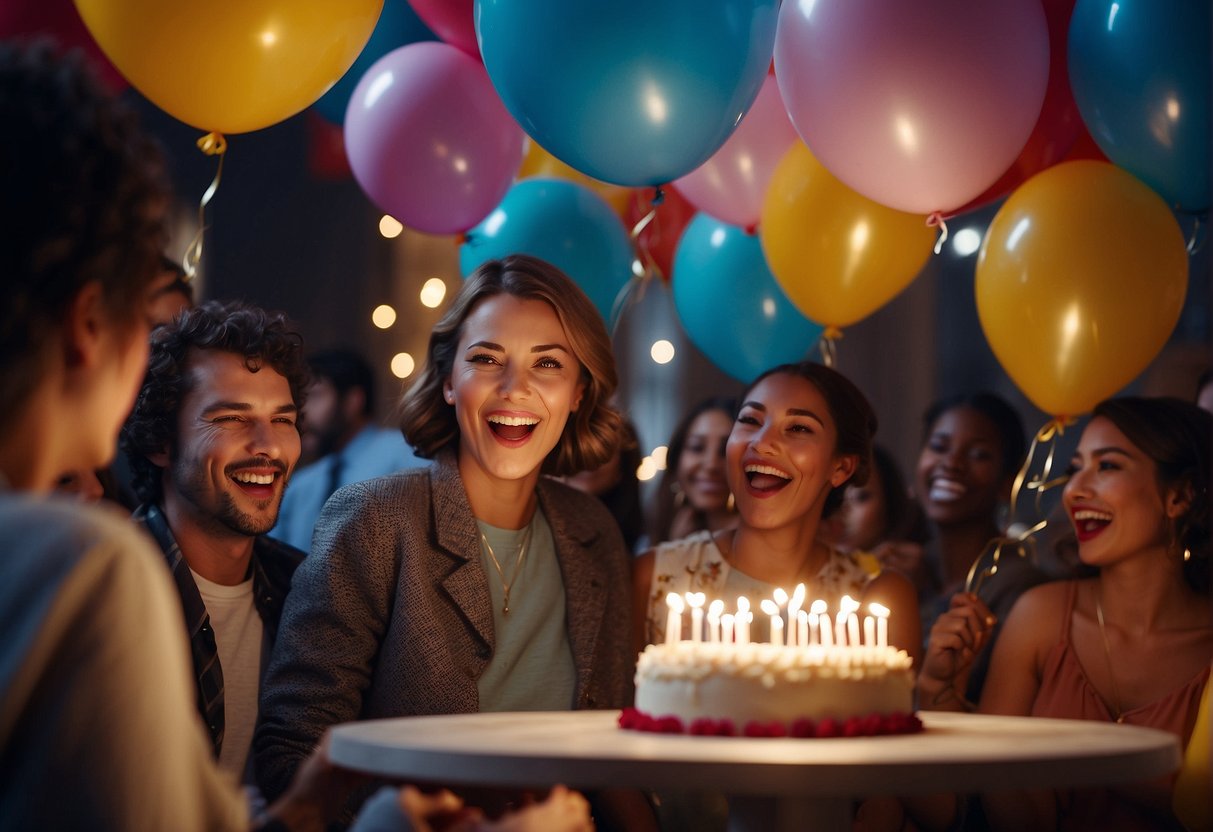 A lively party with balloons, music, and games. A cake with 77 candles is the centerpiece. Laughter and joy fill the room