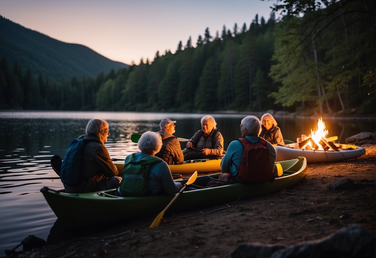 A group of seniors hike through a lush forest, while others kayak on a tranquil lake. A few are gathered around a campfire, roasting marshmallows under the starry night sky