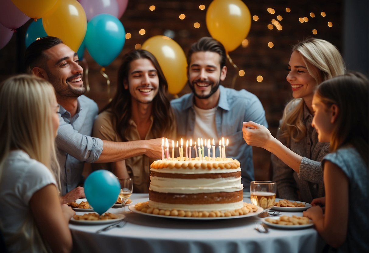 A table adorned with balloons and a cake, surrounded by smiling friends and family, as the birthday celebrant blows out the candles