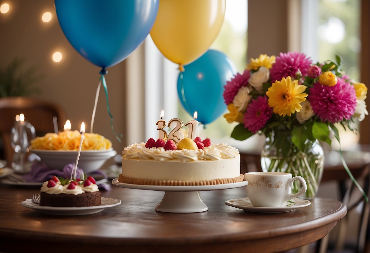 A table set with flowers, balloons, and a cake. A group of friends gather, smiling and chatting. A calendar marks "78th Birthday" in bold letters