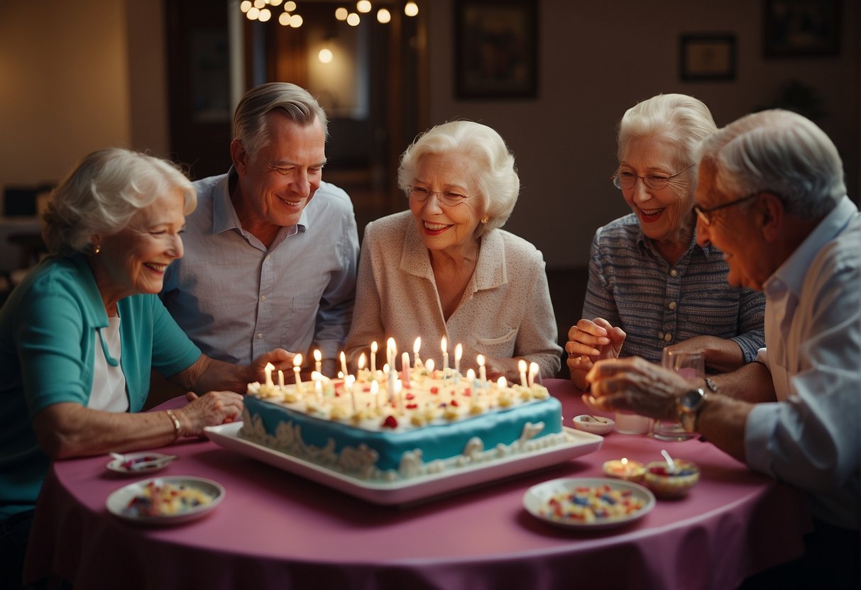 A group of elderly individuals are gathered around a table, playing board games and enjoying lively conversations. A birthday cake with 78 candles sits in the center, surrounded by decorations and party favors