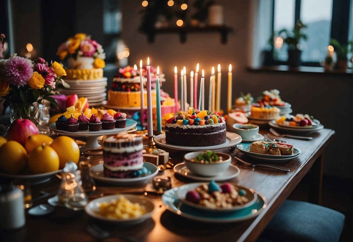 A table adorned with colorful birthday decorations, surrounded by various culinary delights and a birthday cake with 78 candles