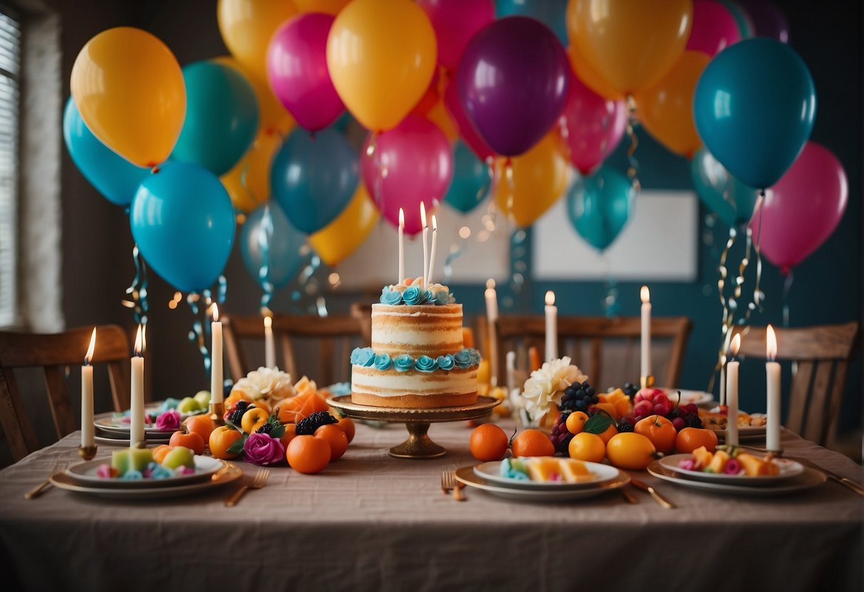 A table set with colorful decorations, surrounded by friends and family. Balloons and streamers adorn the room, and a cake with 78 candles sits at the center