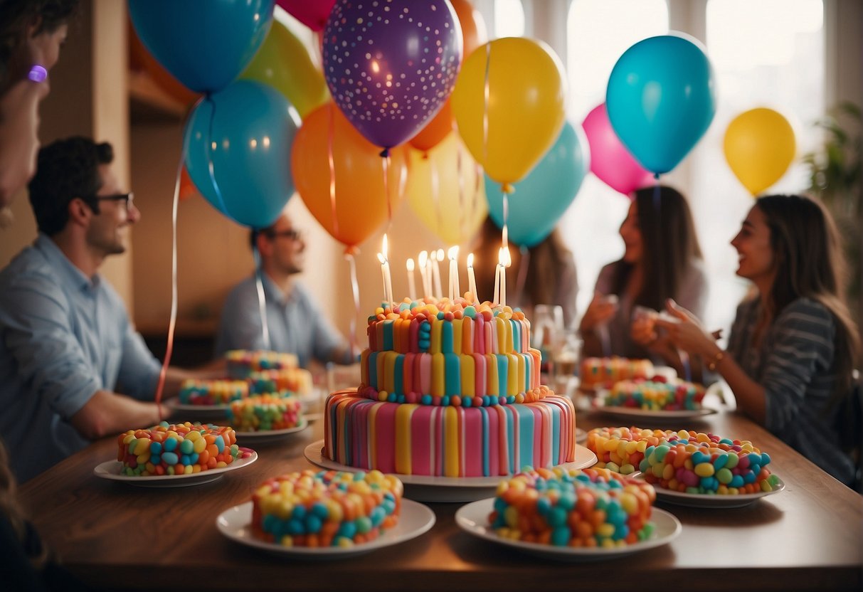 Colorful balloons and streamers adorn a festive room with a table filled with wrapped gifts and a cake with 78 candles. A group of friends and family gather to celebrate