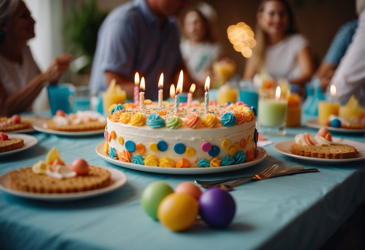 A table covered in colorful decorations and party supplies, with a cake in the center and a group of elderly friends and family members gathered around, planning the activities for a 79th birthday celebration