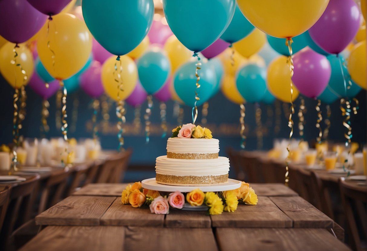 Colorful banners and balloons adorn the room, with elegant invitations on a table. A festive atmosphere is created for a 79th birthday celebration