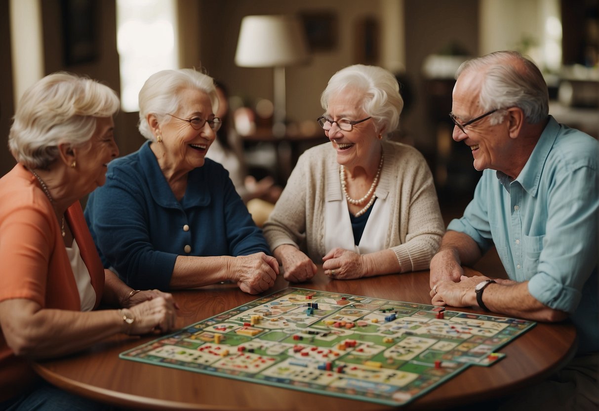 A group of elderly individuals gather around a table filled with board games and puzzles. Laughter and lively conversation fill the room as they enjoy their 79th birthday celebration