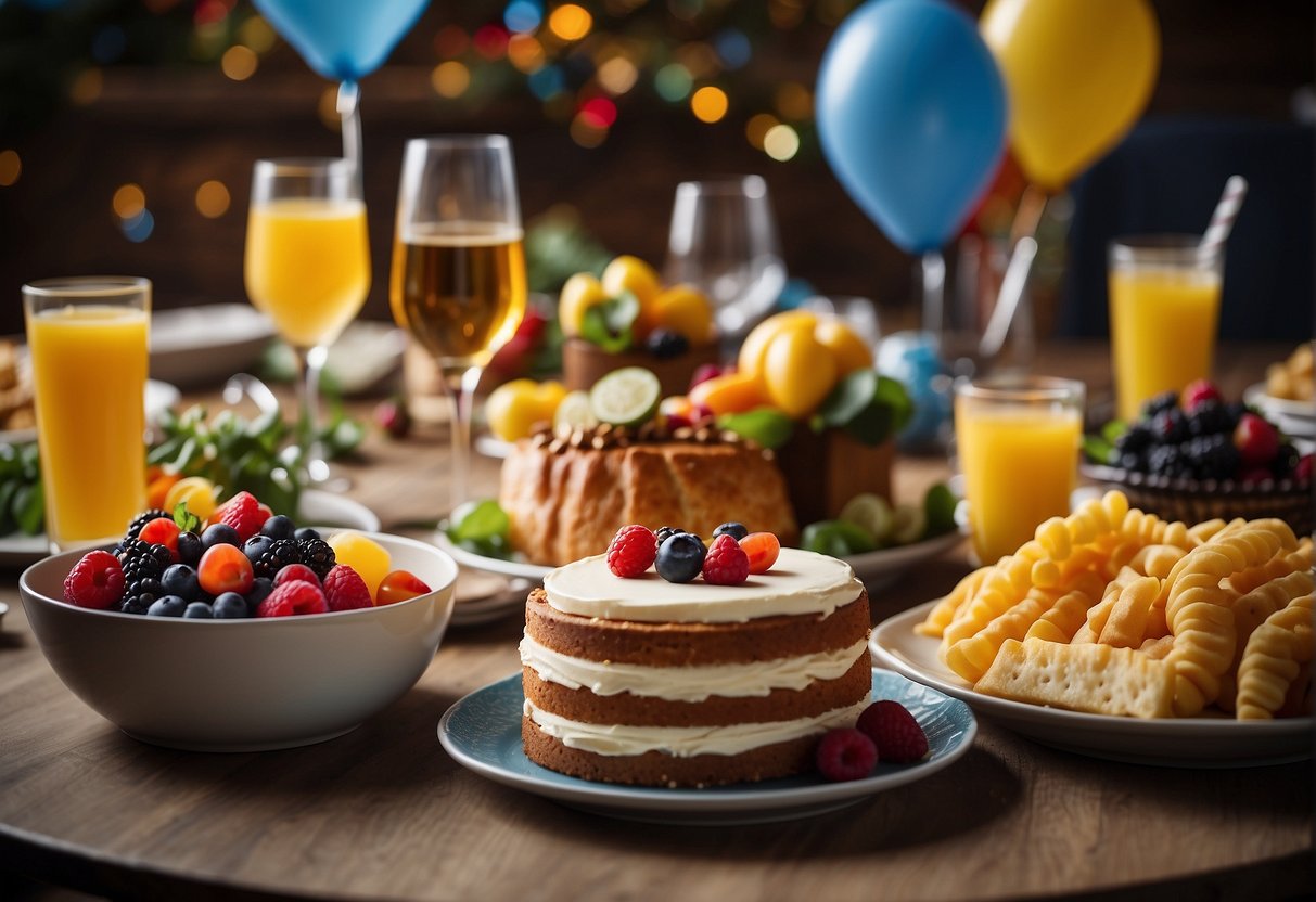 A table set with a colorful array of food and drinks, including a birthday cake, balloons, and a festive centerpiece