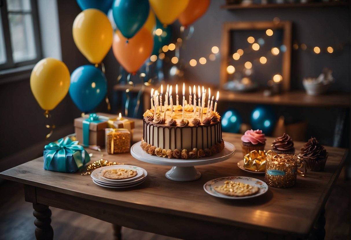 A table adorned with colorful gifts, surrounded by framed photos and a birthday card. Balloons and streamers decorate the room, and a cake with 79 candles sits in the center