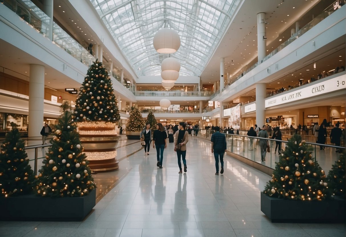 A bustling shopping mall with bright store displays, exclusive birthday discounts, and a festive atmosphere