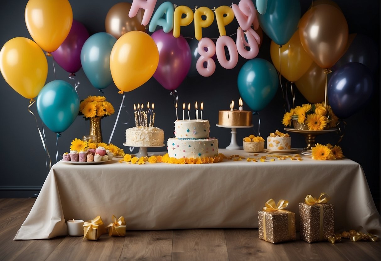 A table set with cake, balloons, and gifts. Family and friends gathered, laughing and sharing memories. A banner reading "Happy 80th Birthday" hangs in the background