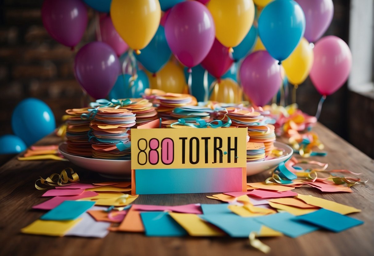 Colorful invitations scattered on a table, surrounded by balloons, streamers, and a banner that reads "80th Birthday."