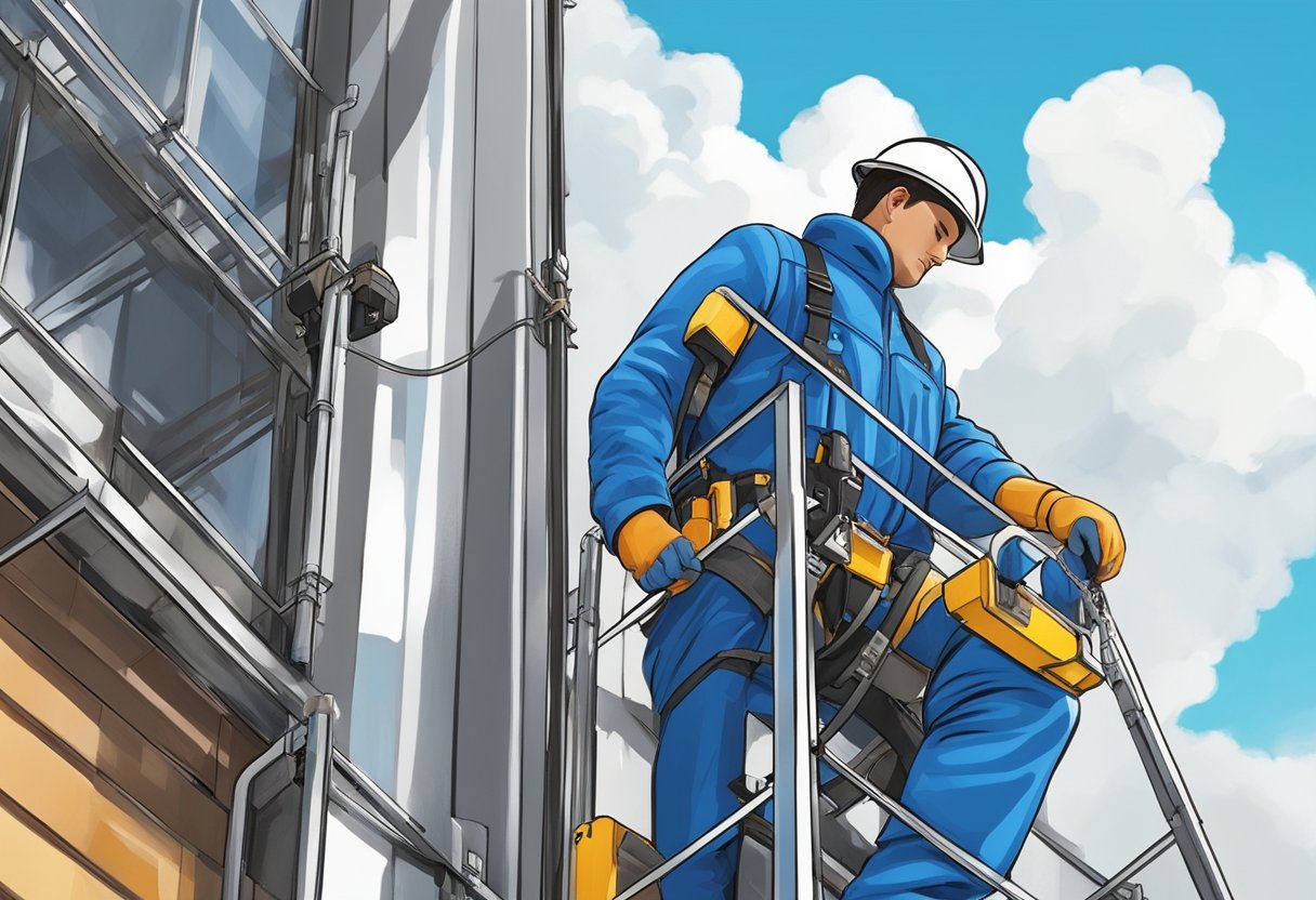 A worker uses a harness and specialized equipment to clean the exterior of a factory building at a great height, with the blue sky and clouds as a backdrop