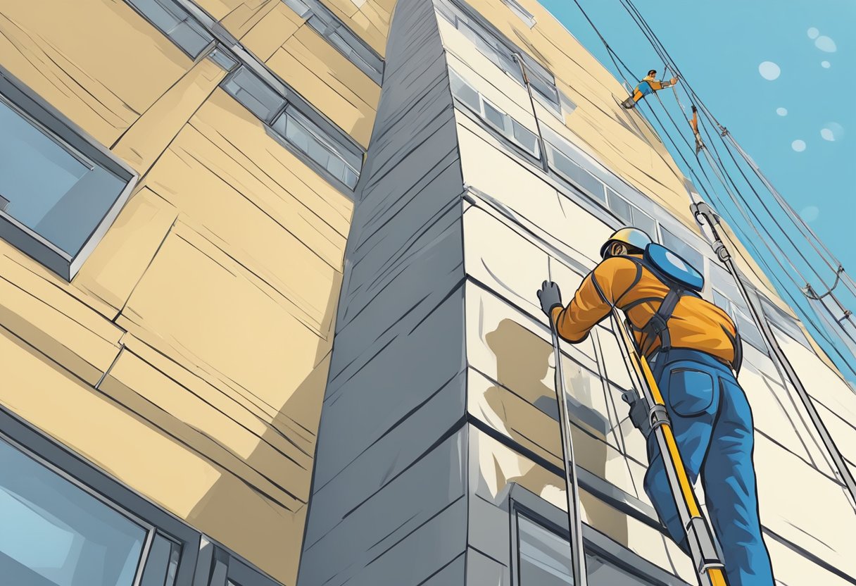 A worker uses a long-handled brush to clean the high exterior walls of a factory, reaching up to the sky. A safety harness is attached to prevent falls