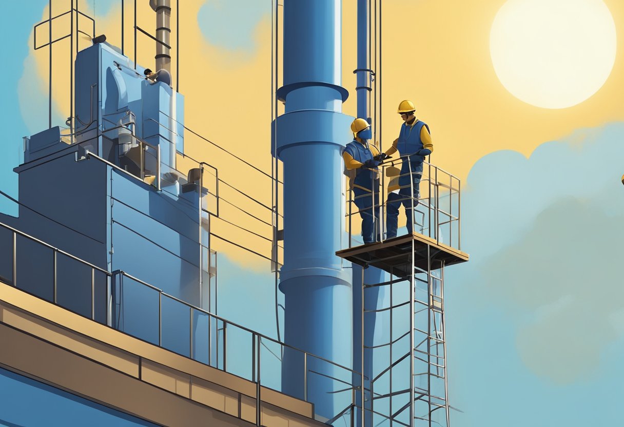 A worker on a platform uses a long brush to clean the exterior of a factory chimney, while another worker supervises from below. The sky is clear and the sun is shining, highlighting the industrial structure against the blue background