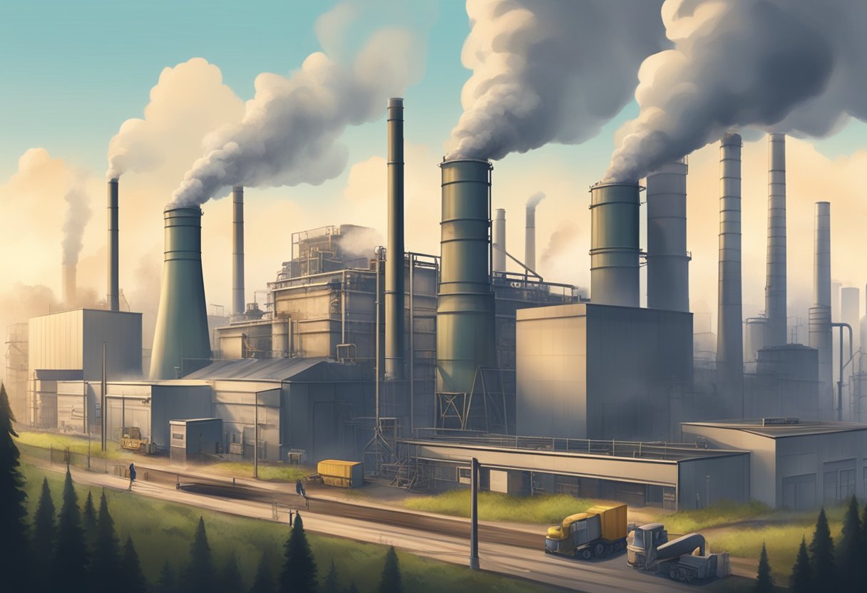 A factory with tall smokestacks emitting pollution into the sky. Workers using specialized equipment to clean and remove the pollutants from the air