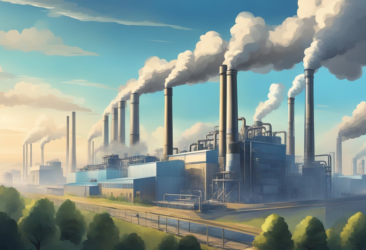 A factory with tall smokestacks releasing pollution into the sky. A futuristic cleaning system removes the pollution, leaving the sky clear and blue