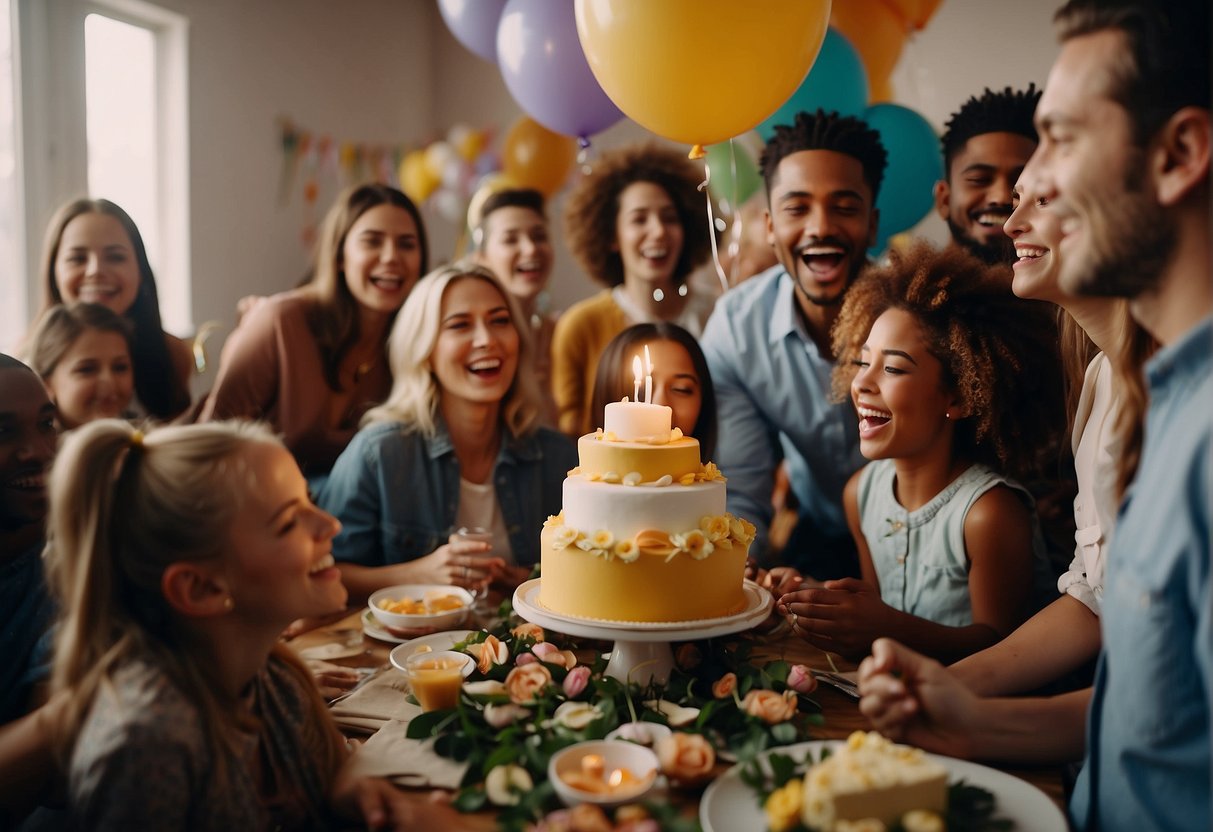 A lively party with balloons, streamers, and a large birthday cake surrounded by friends and family. Music and laughter fill the room as guests enjoy games and entertainment