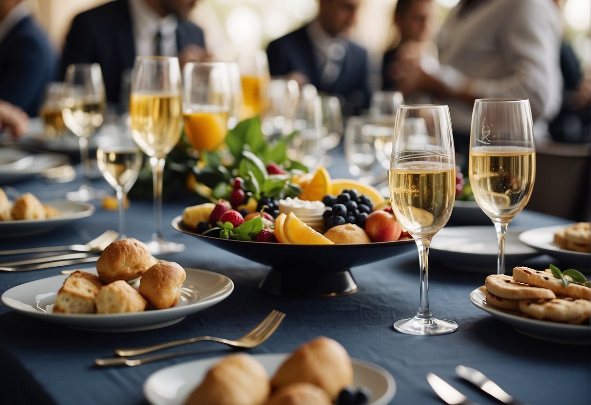 A table set with elegant dishes and glasses, surrounded by cheerful guests enjoying a variety of refreshments