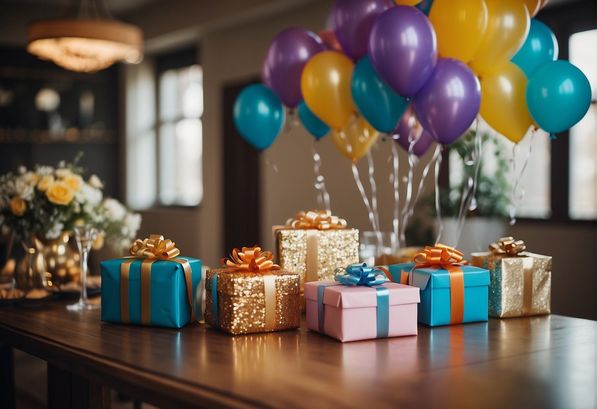 Colorful balloons, confetti, and a beautifully wrapped gift on a table with a banner reading "80th Birthday." A group of friends and family members gather around, smiling and chatting