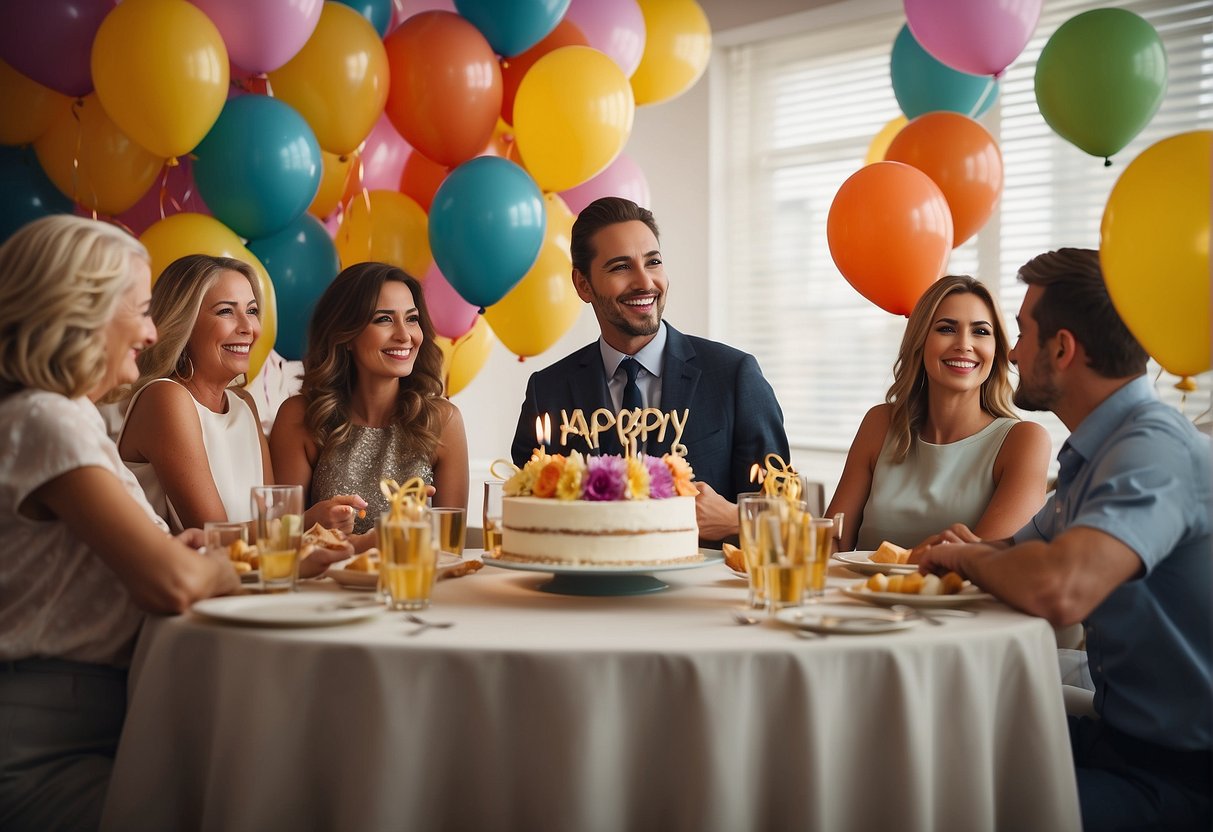 A table set with cake, balloons, and presents. Guests chatting and laughing. A banner reads "Happy 81st Birthday."