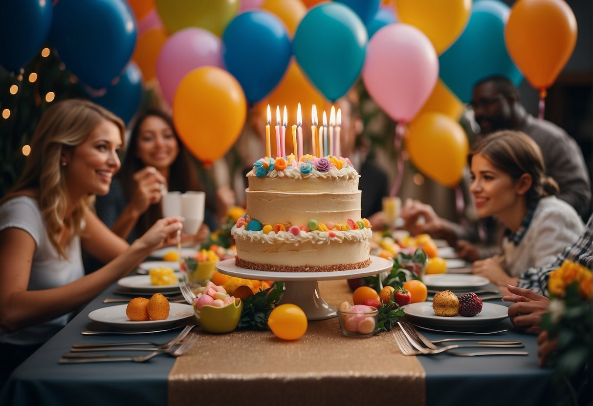 Guests gather around a beautifully decorated table with a large birthday cake and colorful party favors. Balloons and streamers adorn the room, adding to the festive atmosphere