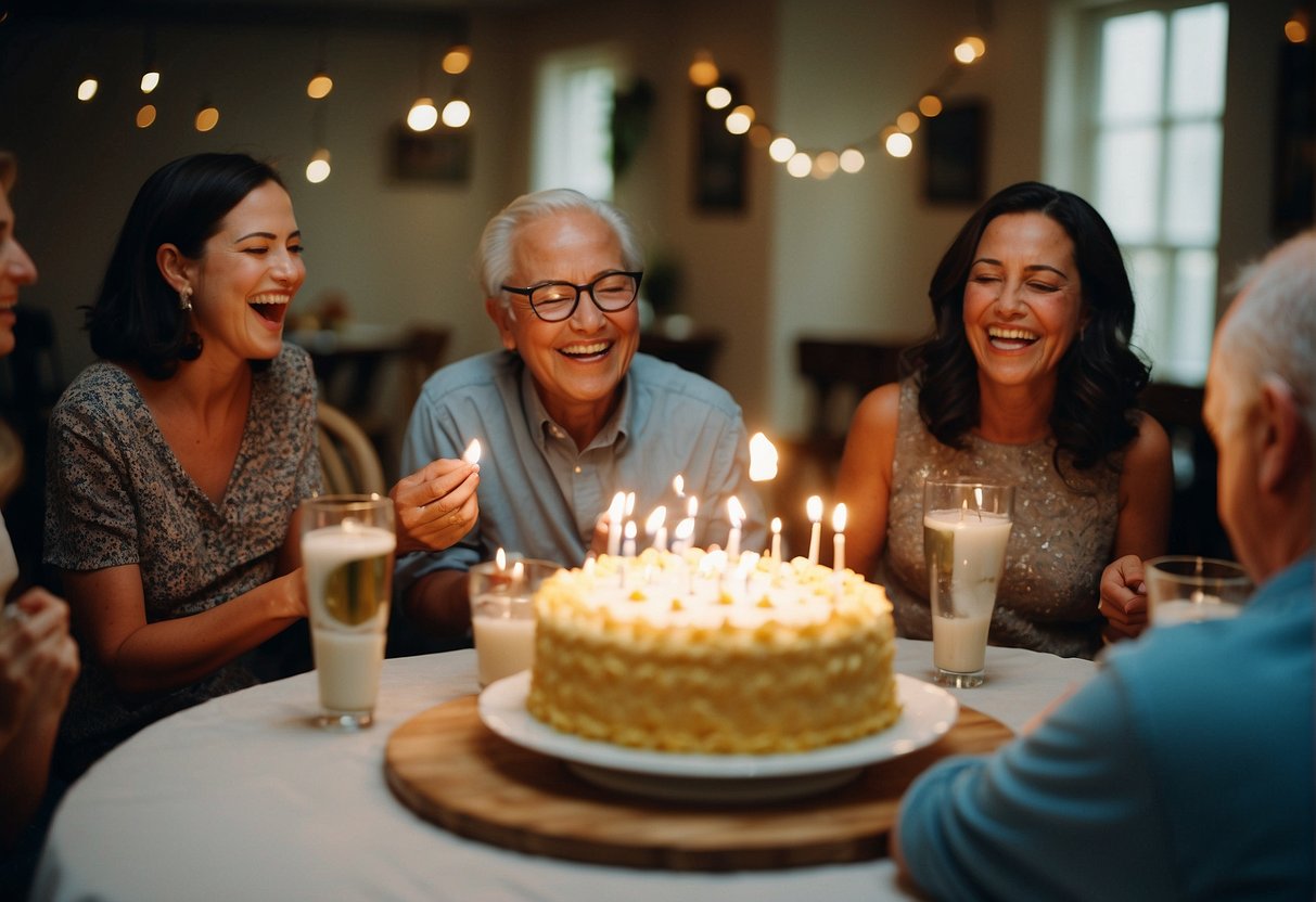 Guests playing musical chairs, blowing out candles on a cake, and laughing during a game of charades at an 81st birthday celebration