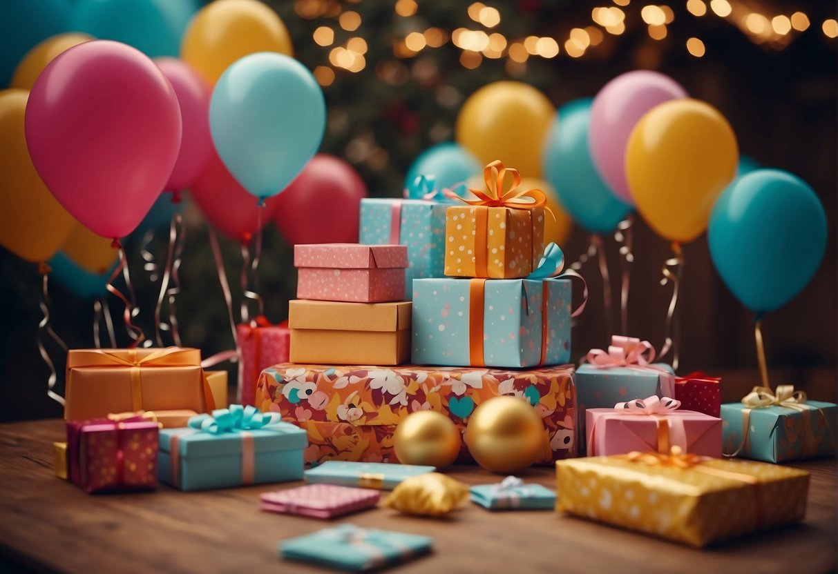 A table adorned with colorful gifts and cards, surrounded by smiling faces and warm embraces. Balloons and streamers add to the festive atmosphere