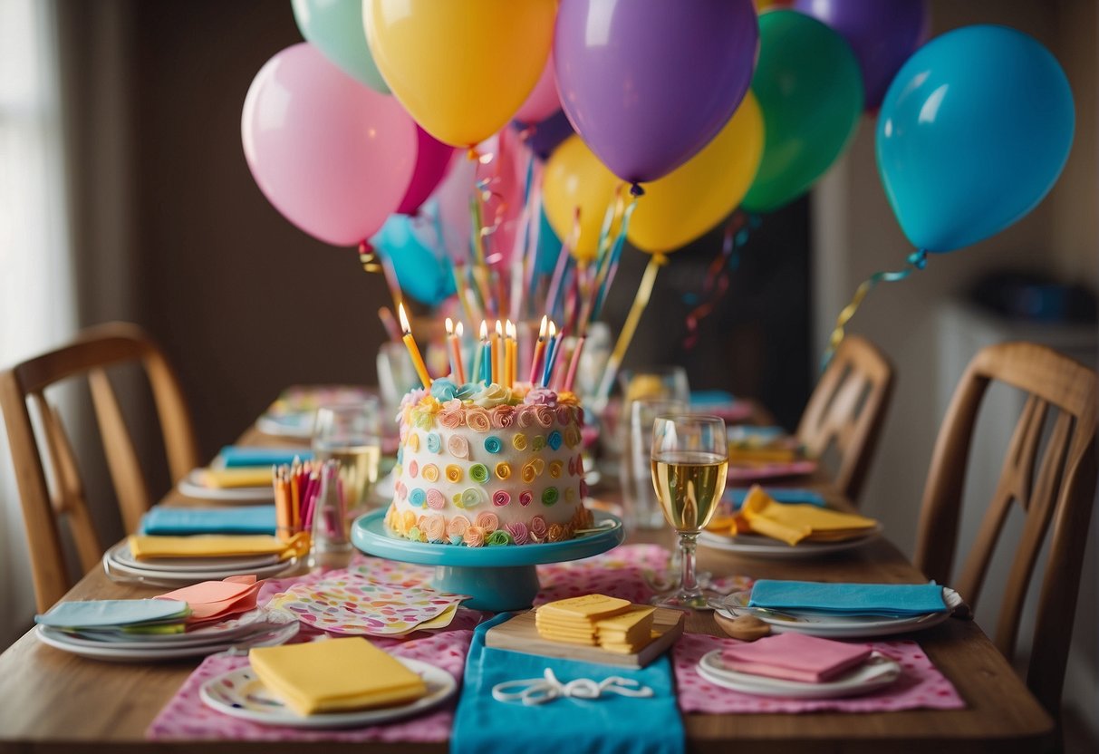 A colorful table set with a variety of art supplies, surrounded by cheerful birthday cards and heartfelt messages. Balloons and streamers adorn the room, creating a festive and creative atmosphere for an 81st birthday celebration