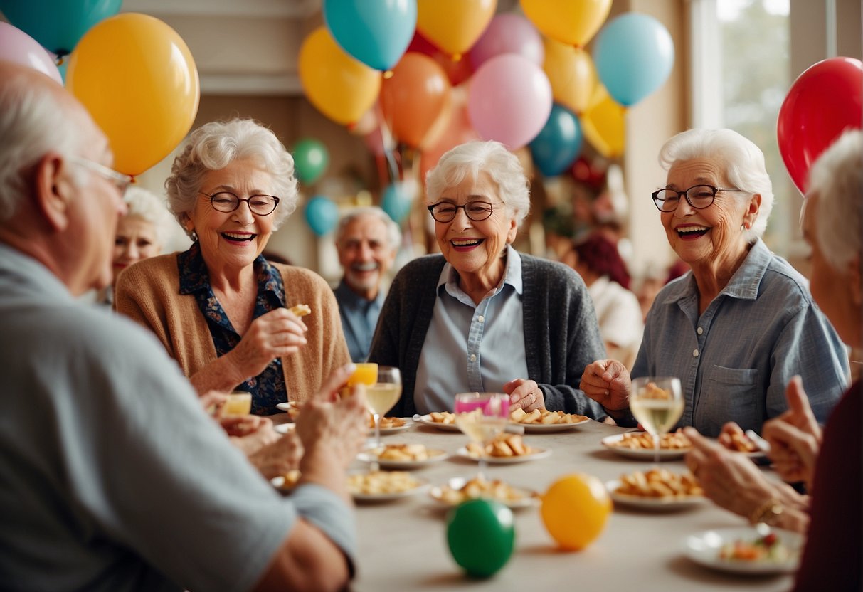 A group of elderly individuals celebrate an 81st birthday with a lively game of bingo, surrounded by balloons, festive decorations, and a table full of delicious treats