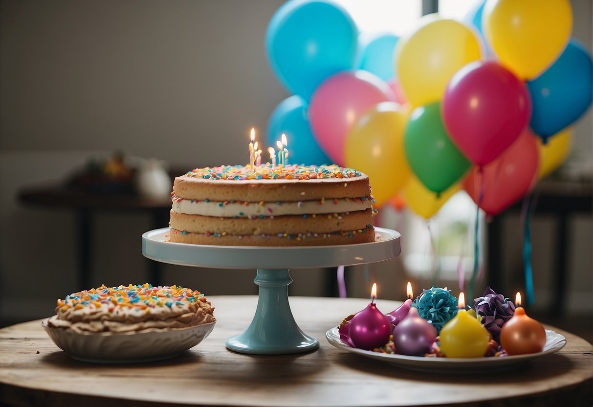 A table set with a colorful birthday cake, surrounded by balloons and streamers. A group of friends and family gathered, laughing and sharing stories