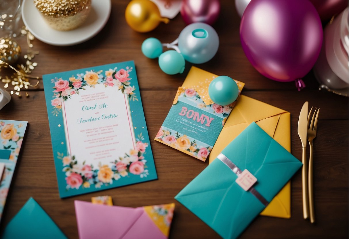 Colorful invitations and announcements scattered on a table, surrounded by party decorations and a birthday cake